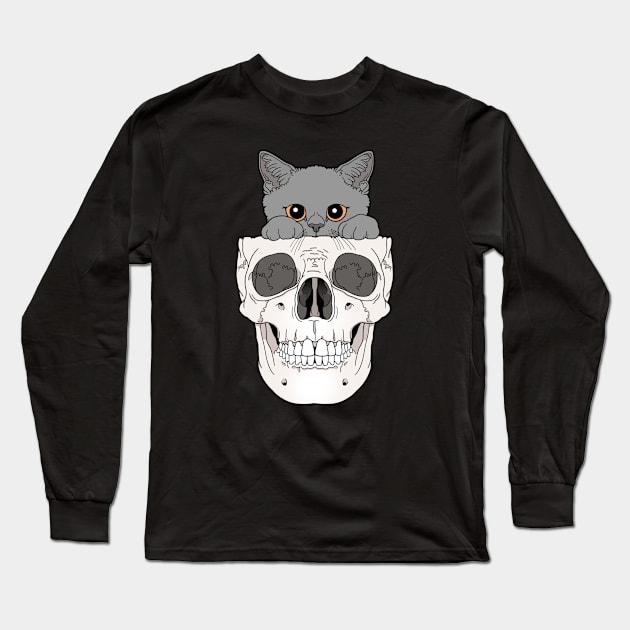 Grey Kitty & Skull Long Sleeve T-Shirt by tiina menzel